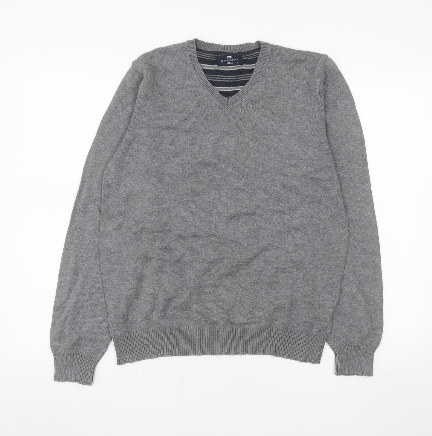 Marks and Spencer Blue Harbour Men's Grey Cotton V-Neck Jumper Size S