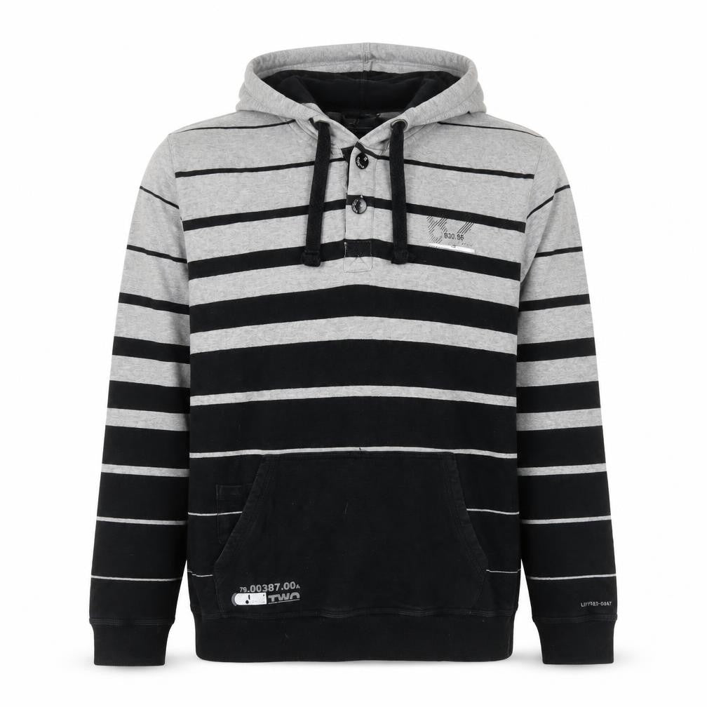 Next Men's Grey Striped Henley Hoodie L Cotton Casual Sweatshirt