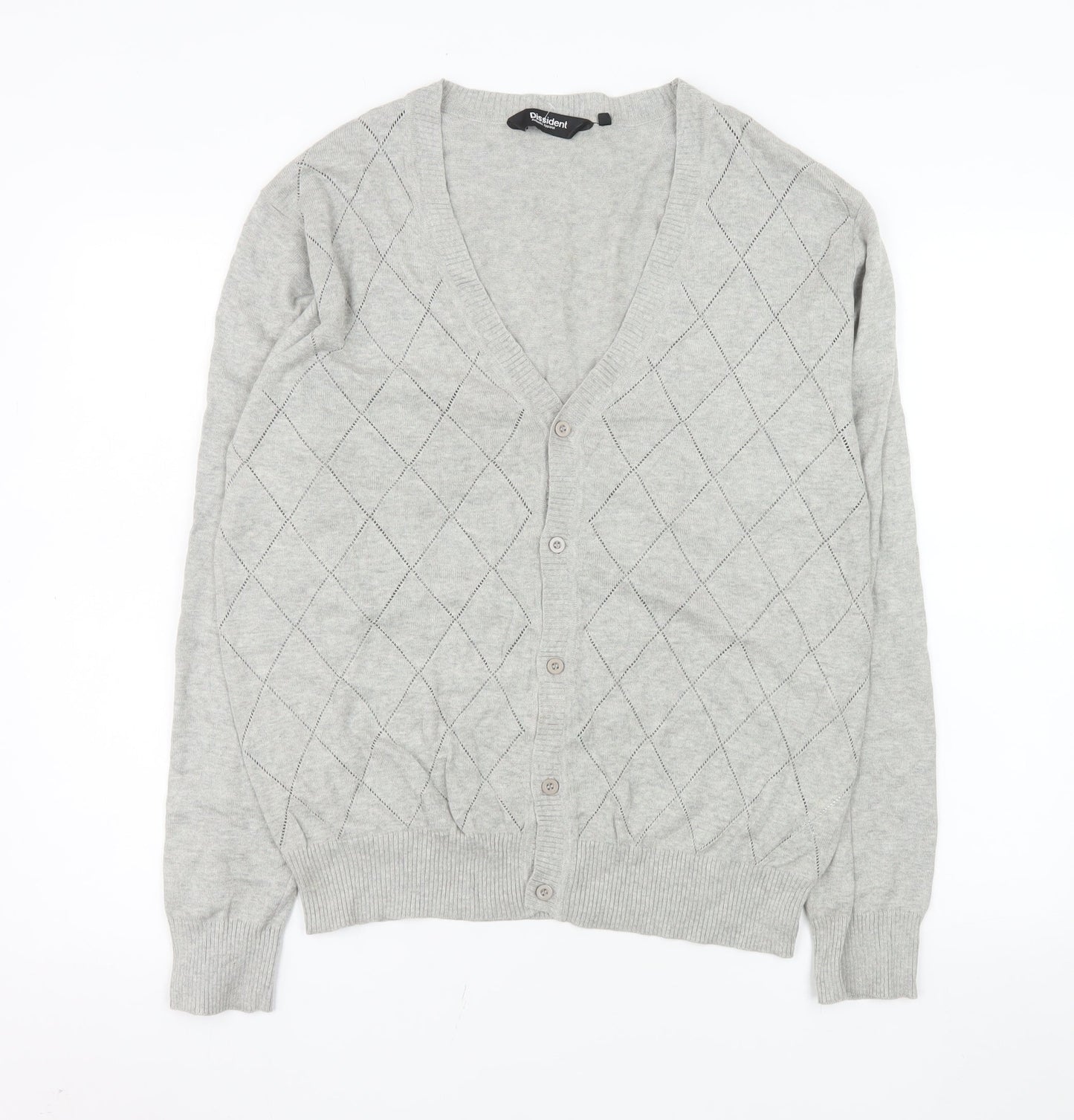 Dissident Men's Grey Argyle Cotton Cardigan Medium V-Neck Knit Jumper