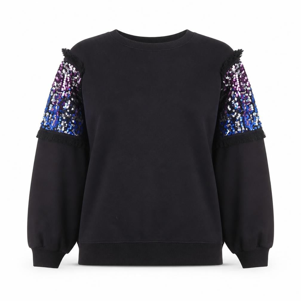 Mango Casual Women's Black Sequin Sleeve Cotton Pullover Sweatshirt Size S