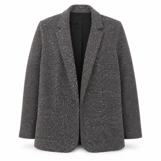 Front view of Marks & Spencer Women Black Tweed Long Blazer Jacket, size 16
