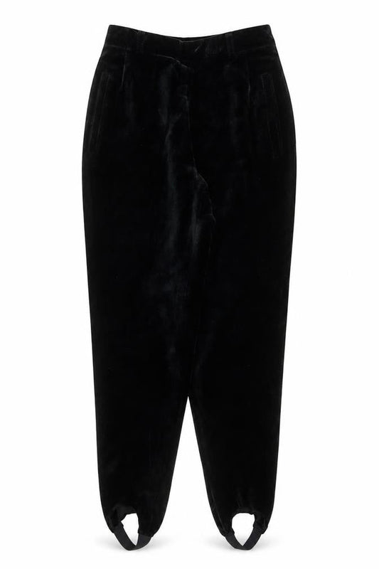 Front view of Pseudonyms women’s black velvet stirrup leggings, size UK 10, vintage