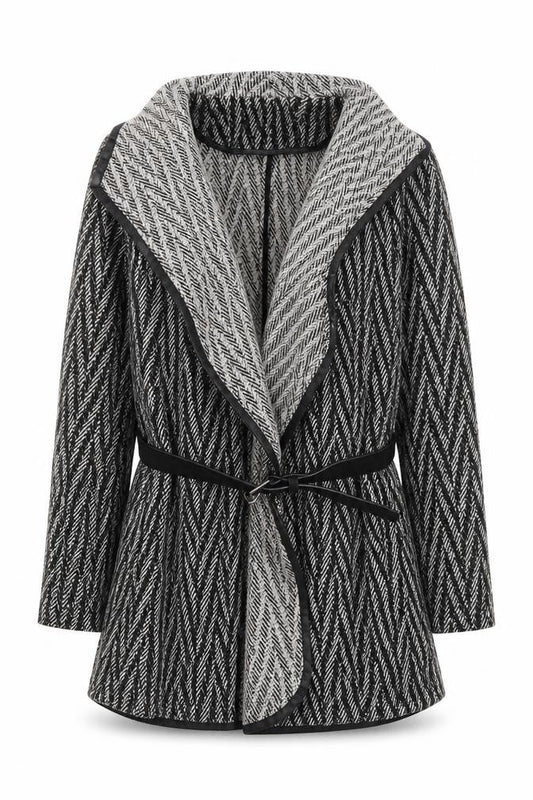 Front view of Oasis women’s grey herringbone belted coatigan long sleeve xs