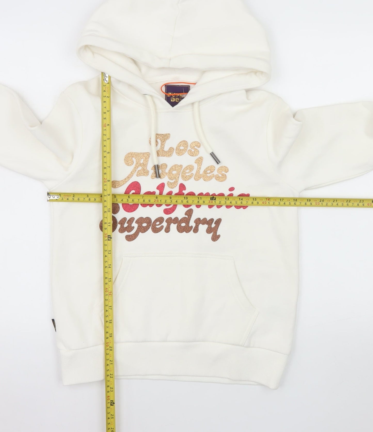 Superdry Womens Ivory Hoodie UK 8 Los Angeles California Glitter Print