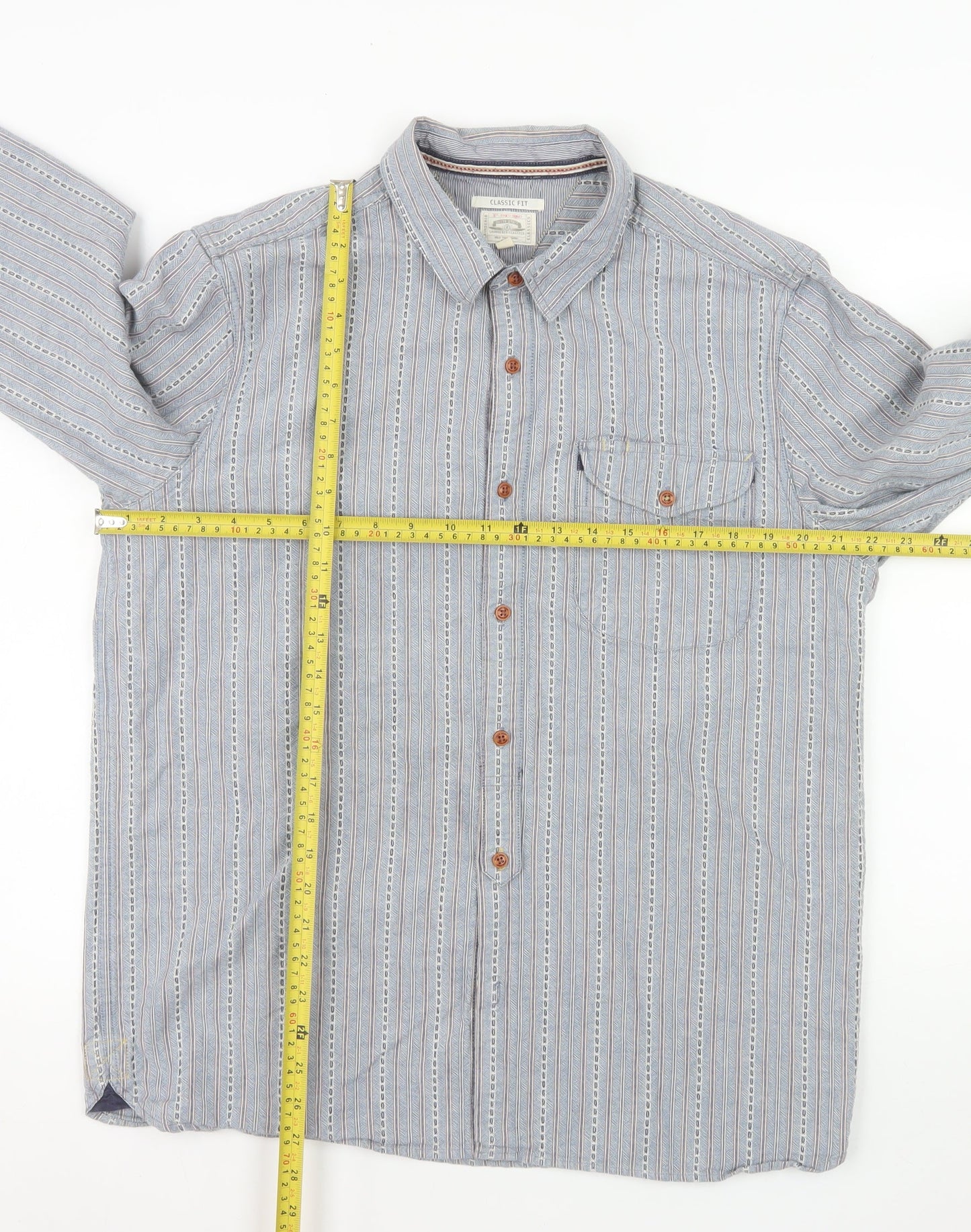 White Stuff Men's Blue Classic Fit Striped Cotton Long Sleeve Shirt L