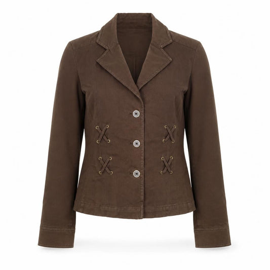 Front view of Viyella Women Brown Cotton Suit Jacket UK 10 Classic Double-Breasted Style