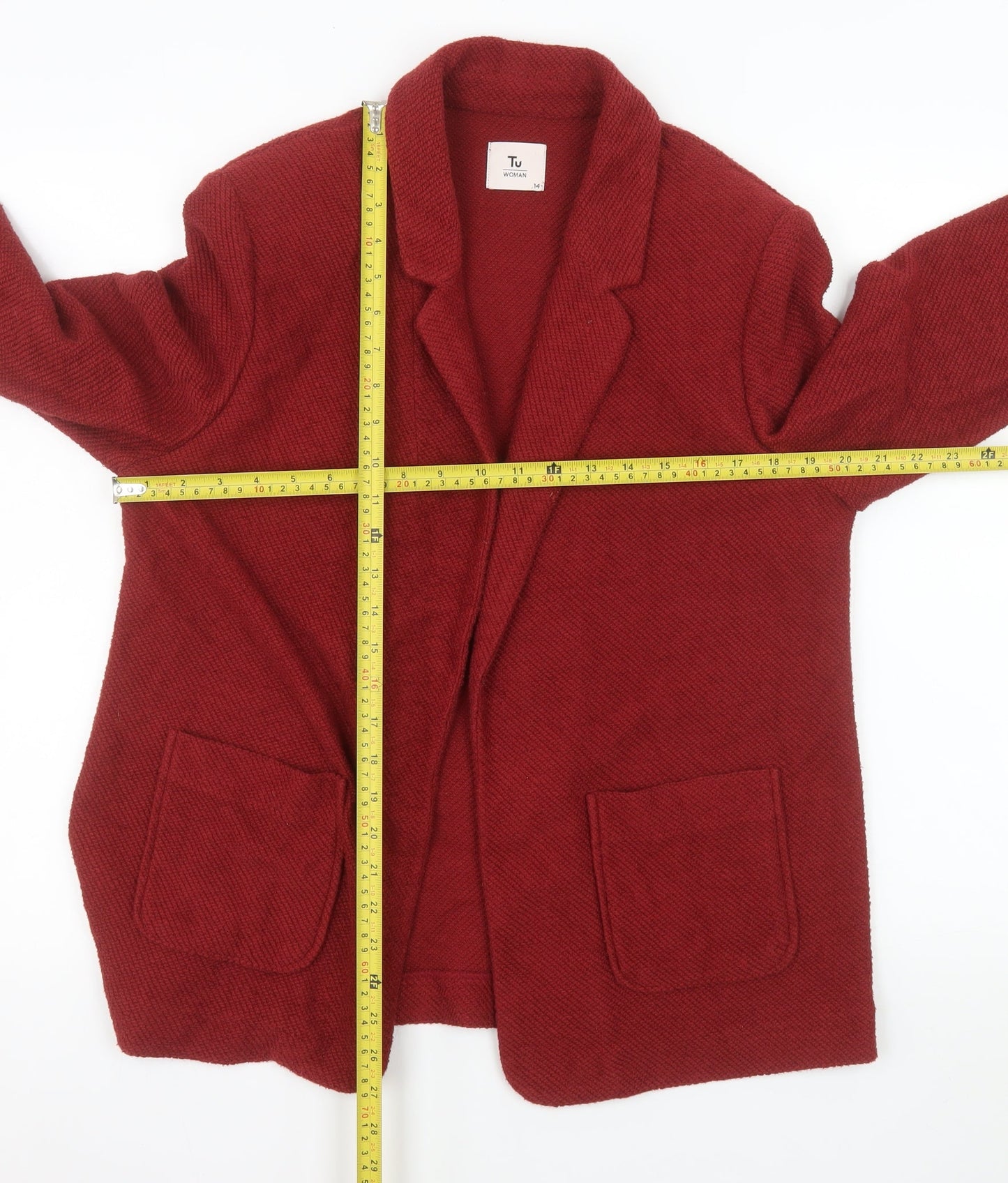 Tu Women Red Cotton Blend Textured Blazer Size 14 Classic Fit