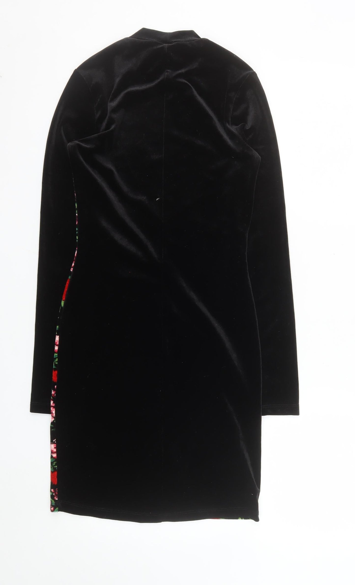 H&M Women Black Floral Velvet Bodycon Dress Size 10 Long Sleeve