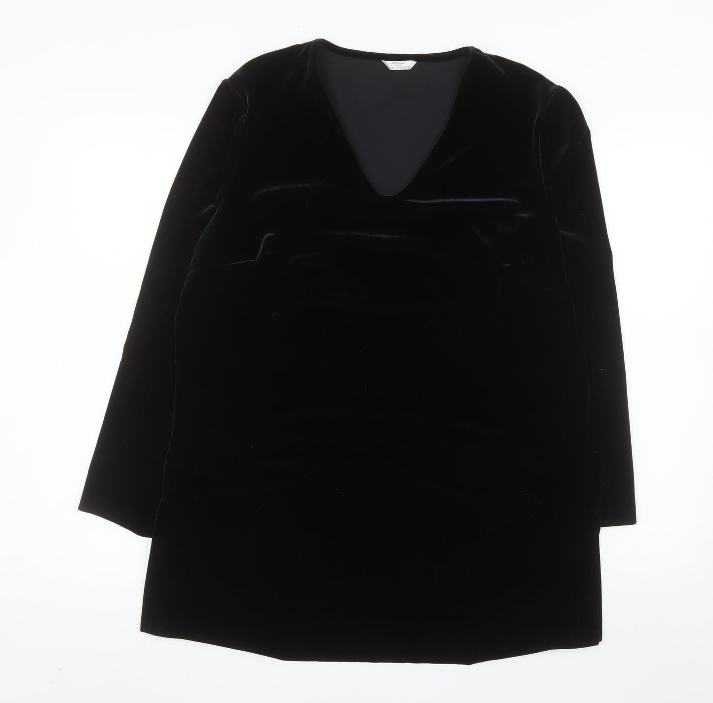 Marks and Spencer Women Black Velvet Shift Dress Size 16 V-Neck Classic