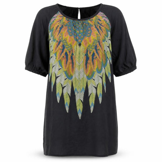 Front view of Derhy Women’s Black Silk Bohemian Tunic Blouse, size L