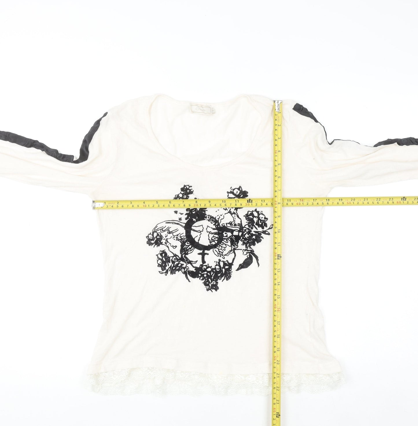 Cream Womens Ivory Floral Lace Hem Long Sleeve T-Shirt Size M