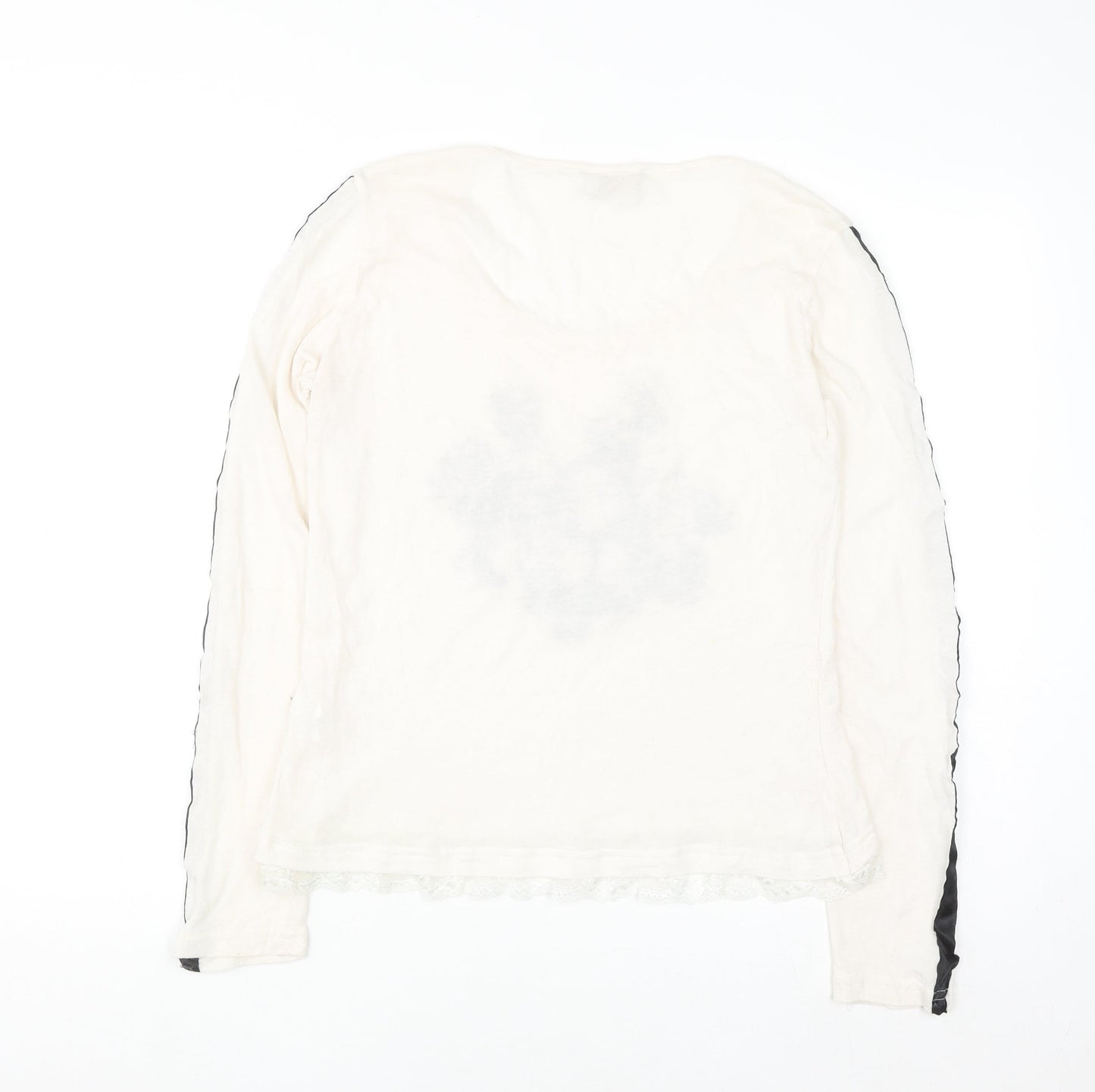 Cream Womens Ivory Floral Lace Hem Long Sleeve T-Shirt Size M