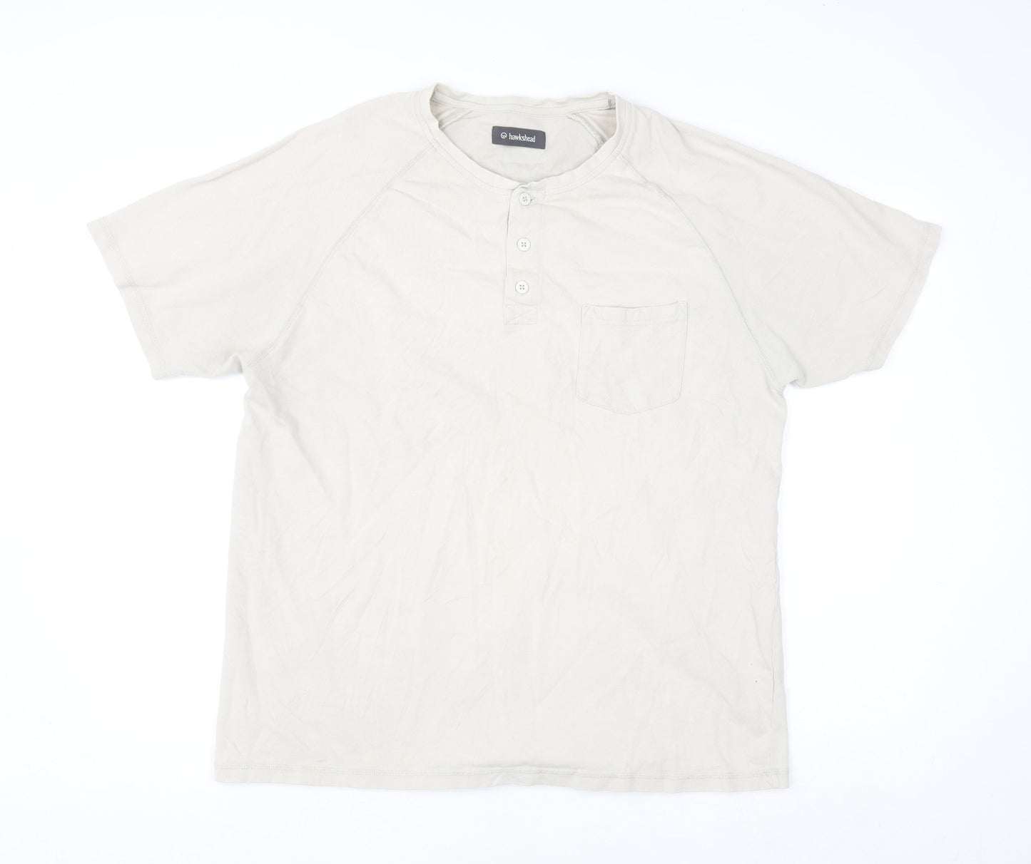 Hawkshead Men Beige Cotton Henley Short Sleeve Casual Shirt L