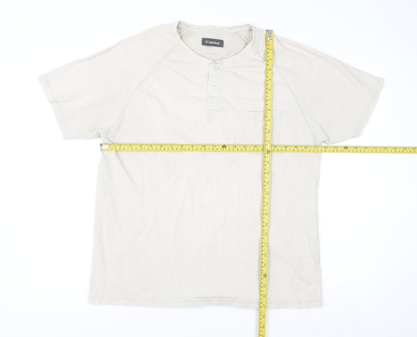 Hawkshead Men Beige Cotton Henley Short Sleeve Casual Shirt L