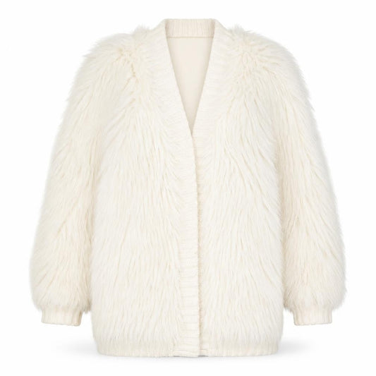 Front view of River Island women’s ivory faux fur knit coatigan, size UK 10