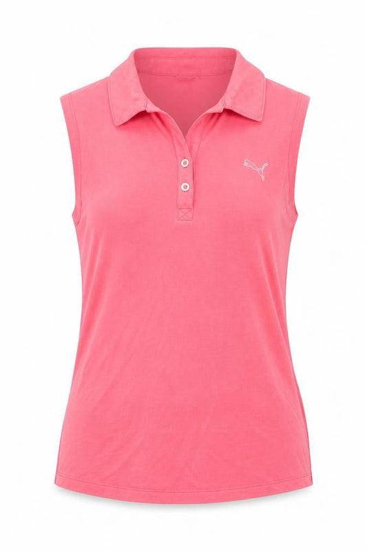 Front view of Puma women’s pink sleeveless polo top, size UK 10, cotton blend