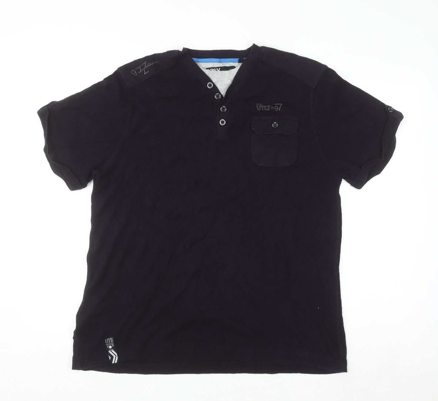 Easy Men's Black XL Henley Cotton Casual Short Sleeve Shirt
