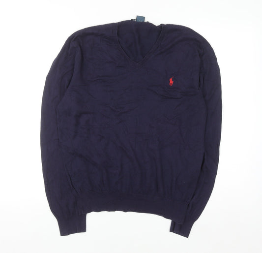 Ralph Lauren Men's Blue V-Neck Slim Fit Cotton Jumper M