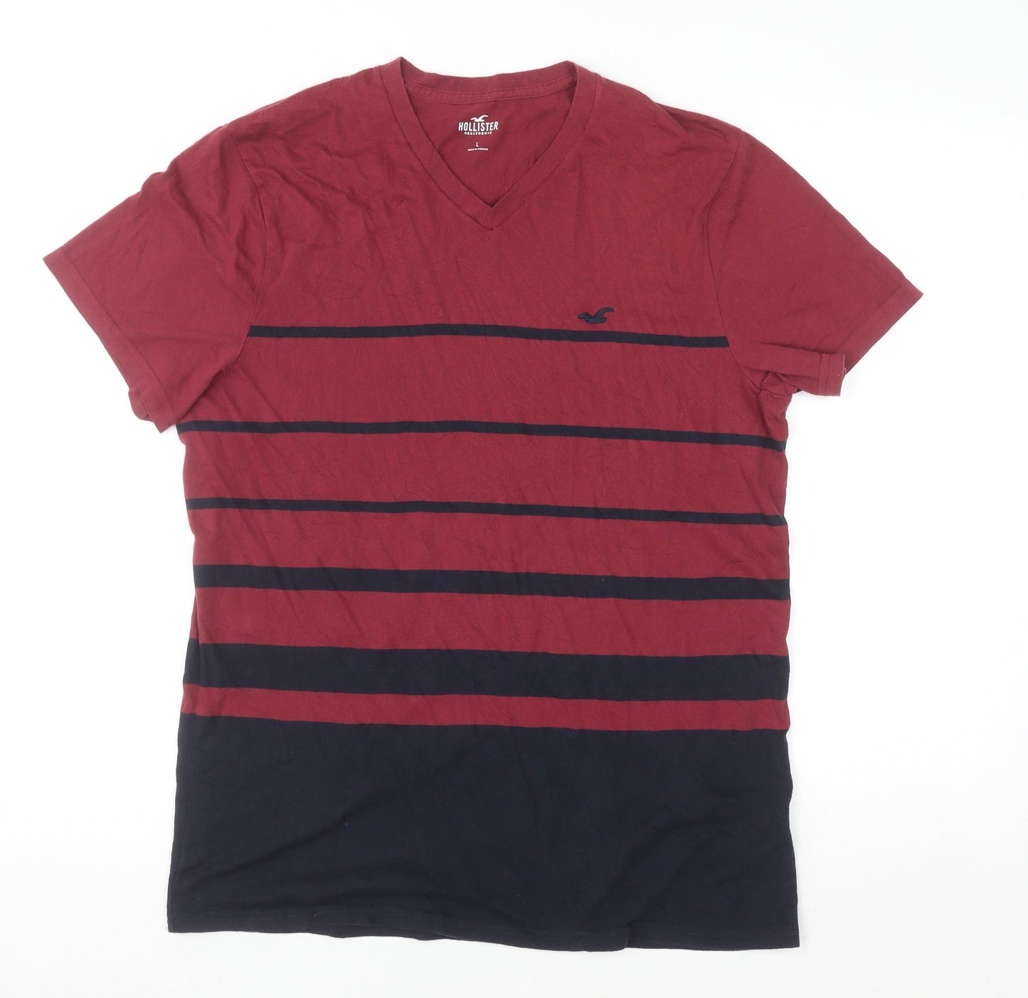 Hollister Men's Red and Navy Striped V-Neck T-Shirt L