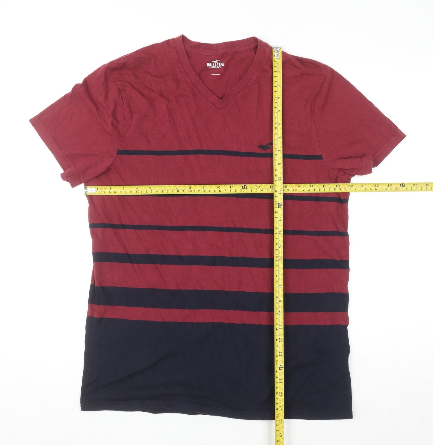 Hollister Men's Red and Navy Striped V-Neck T-Shirt L