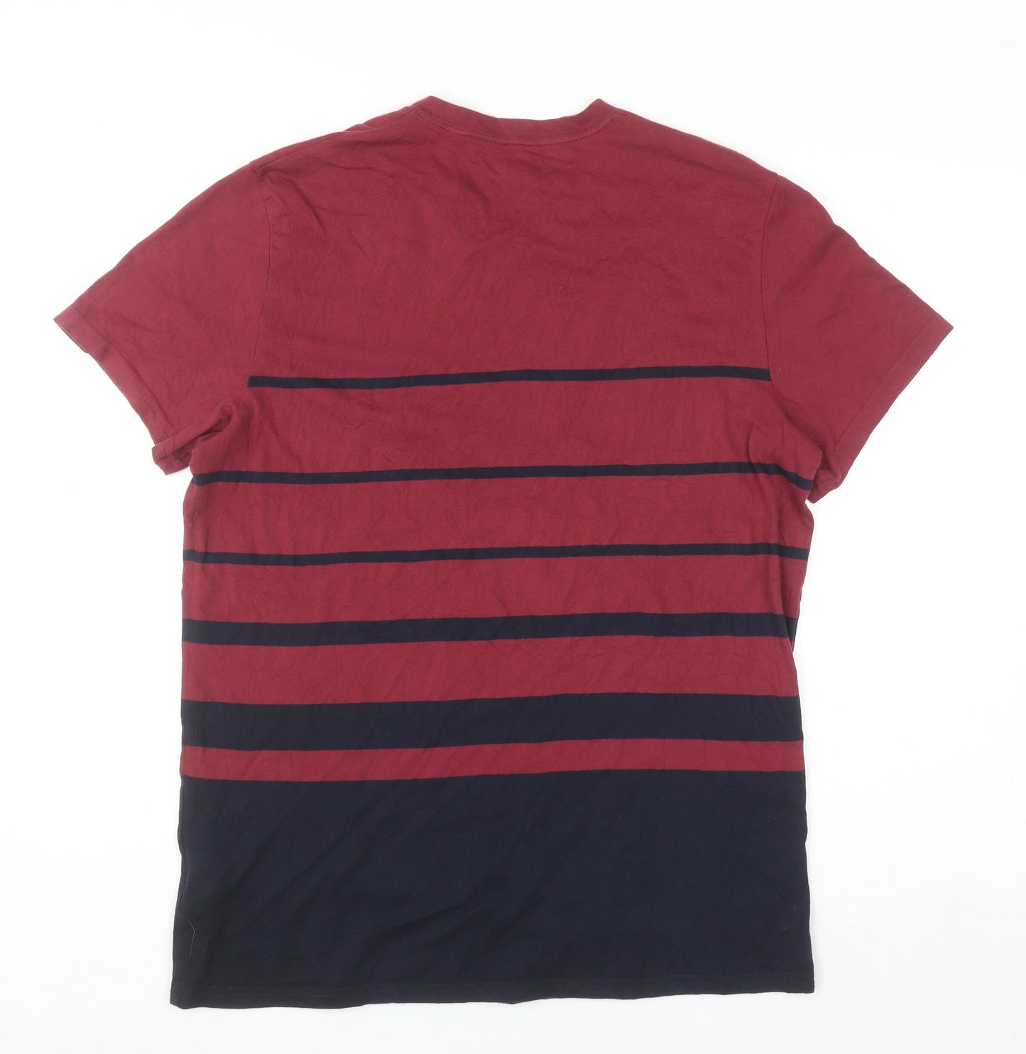 Hollister Men's Red and Navy Striped V-Neck T-Shirt L