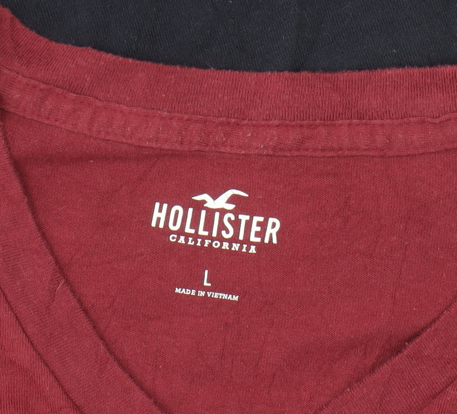 Hollister Men's Red and Navy Striped V-Neck T-Shirt L
