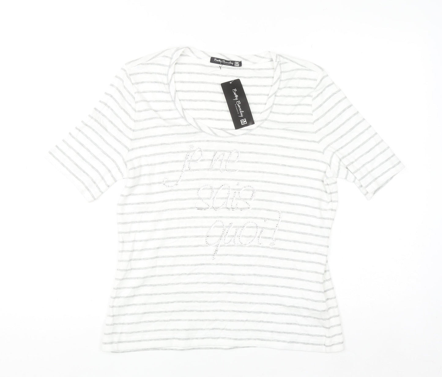 Betty Barclay Women’s Grey Striped Beaded Cotton T-Shirt Size 16