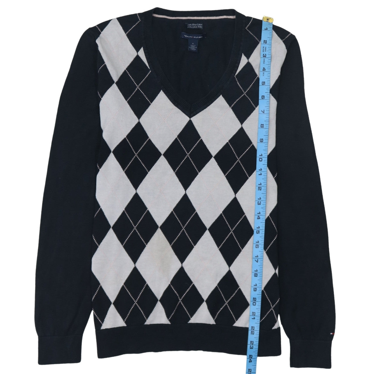 Tommy Hilfiger Men's Blue Argyle V-Neck Cotton Jumper M