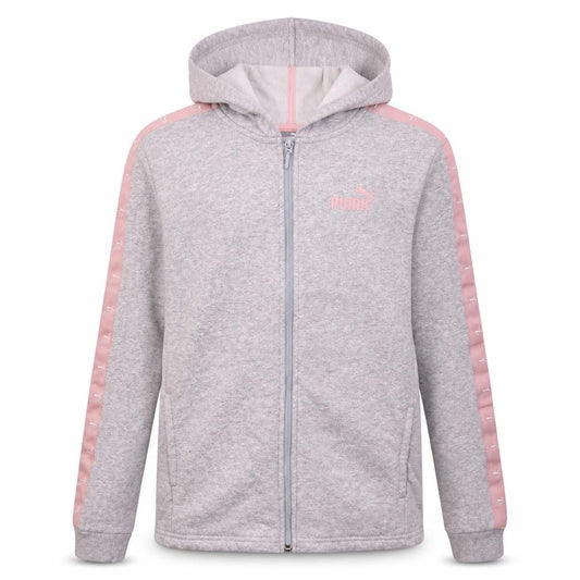 Front view of Puma girls’ grey full zip hoodie 13-14 years logo hooded sports sweatshirt