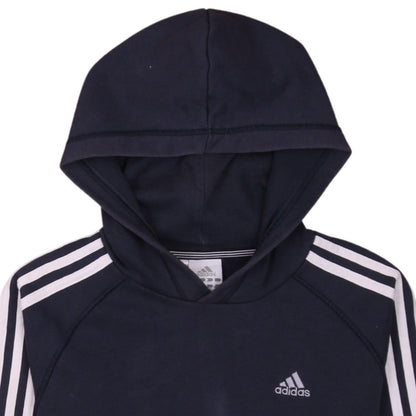 Brand and care label for Adidas boys’ navy blue pullover hoodie l performance essentials