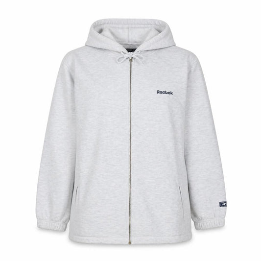 Front view of Reebok women’s grey full zip hoodie, size UK 12, cotton essentials