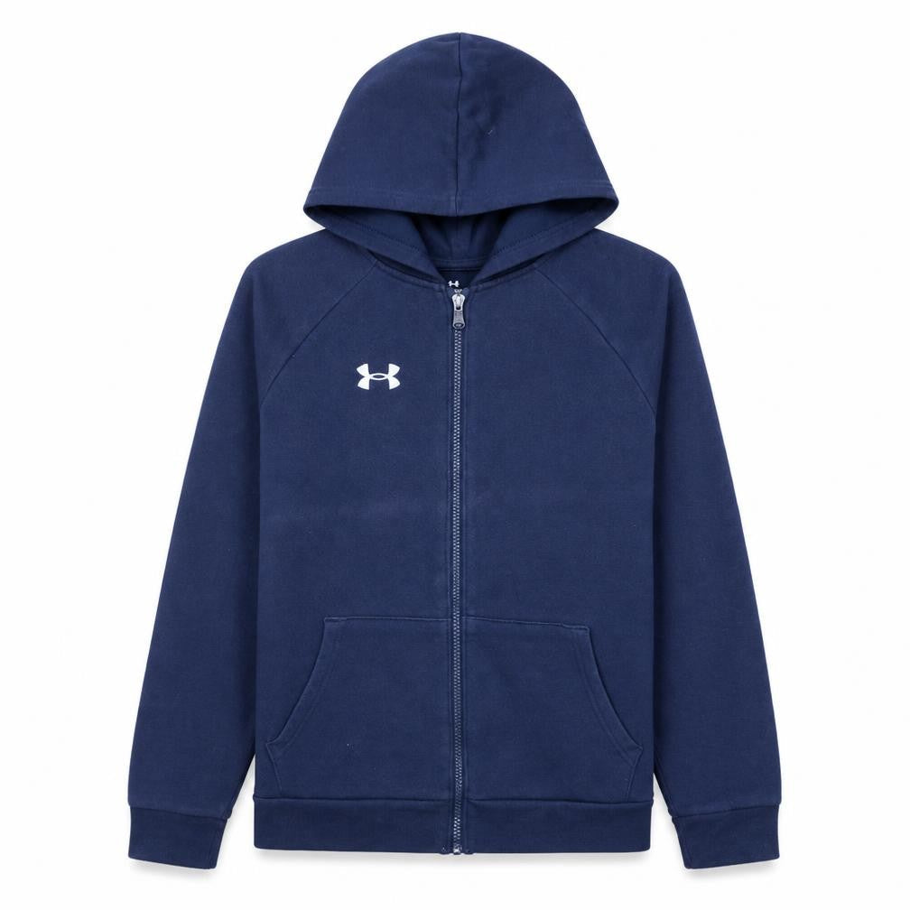 Front view of Under Armour boys’ navy blue full zip hoodie, size 158, fleece sweatshirt