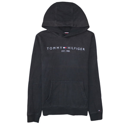 Additional front view of Tommy Hilfiger boys’ black pullover hoodie, size 14, cotton logo print