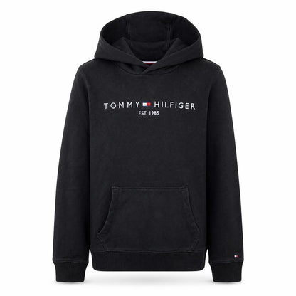Front view of Tommy Hilfiger boys’ black pullover hoodie, size 14, cotton logo print
