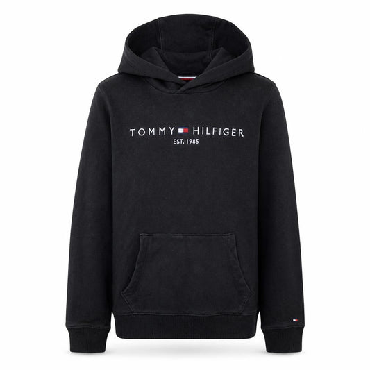 Front view of Tommy Hilfiger boys’ black pullover hoodie, size 14, cotton logo print
