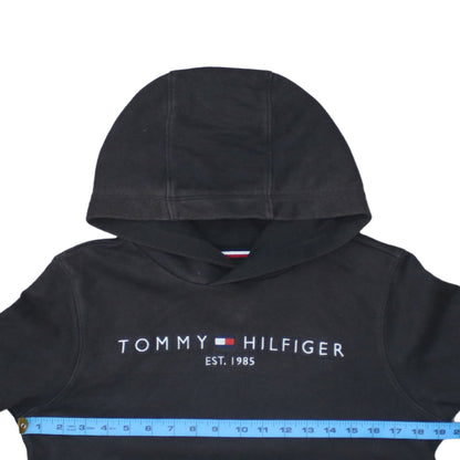 Back view of Tommy Hilfiger boys’ black pullover hoodie, size 14, cotton logo print