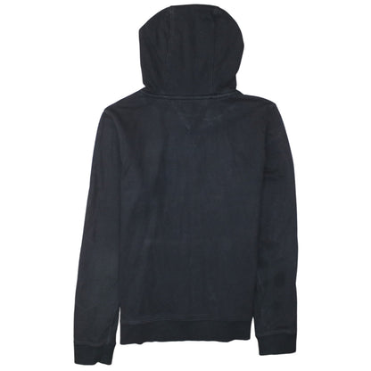 Close-up detail of Tommy Hilfiger boys’ black pullover hoodie, size 14, cotton logo print