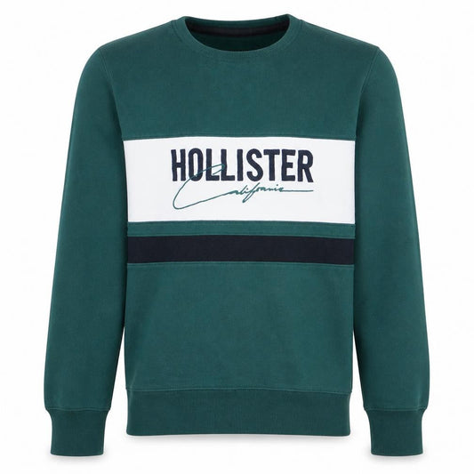 Front view of Hollister Men's Green Crew Neck Pullover Sweatshirt, size S