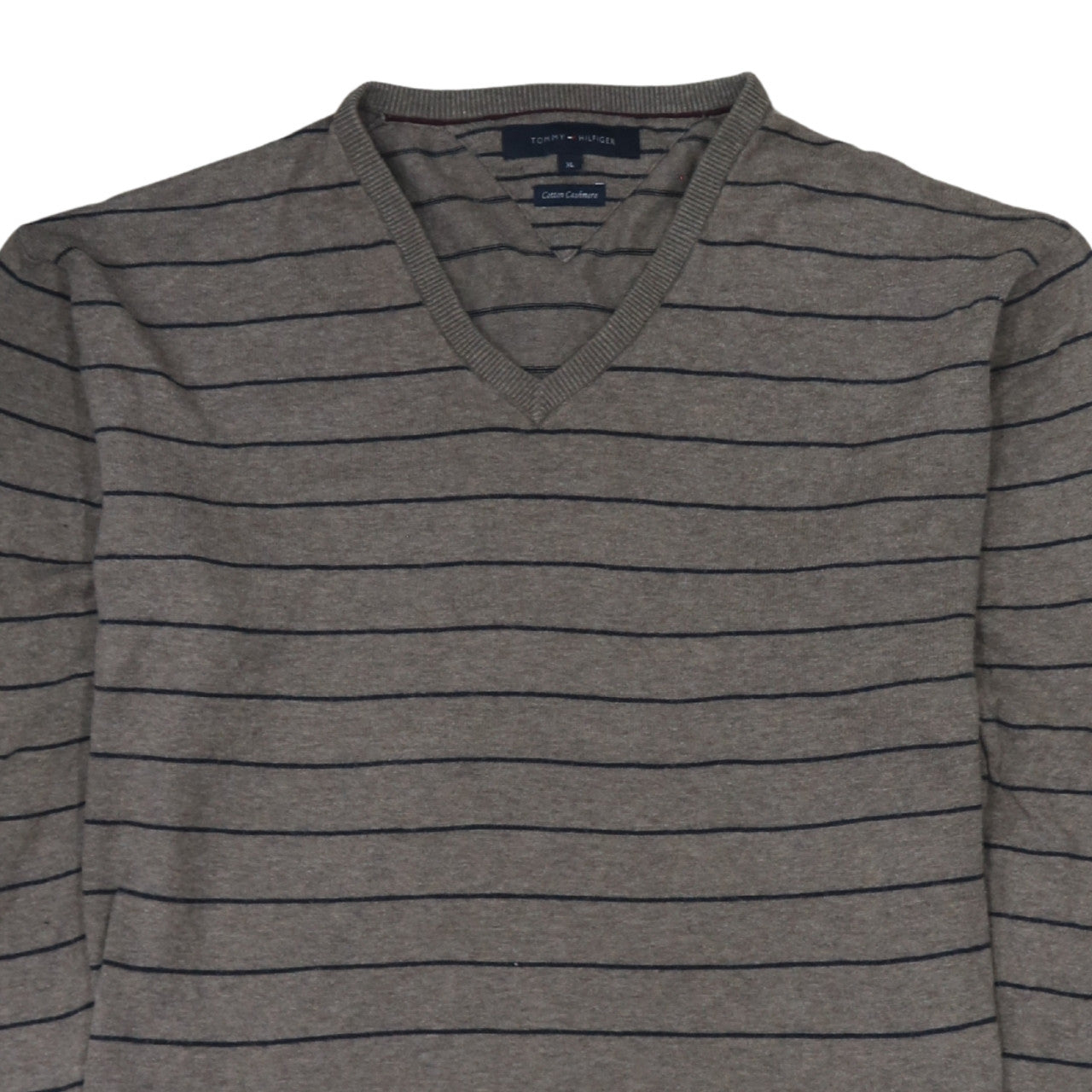 Tommy Hilfiger Men's Grey Striped V-Neck Cotton Cashmere Jumper XL