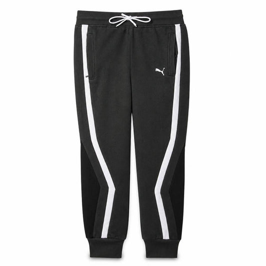 Front view of Puma Men's Black Jogger Trousers L Fleece Lined Stripe Logo