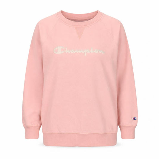 Front view of Champion girls’ pink xl pullover sweatshirt crew neck logo jumper