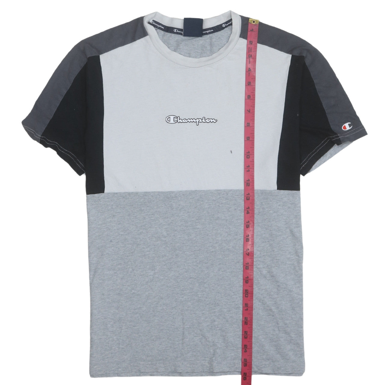 Champion Men's Grey Colourblock Logo Crew Neck Cotton T-Shirt M