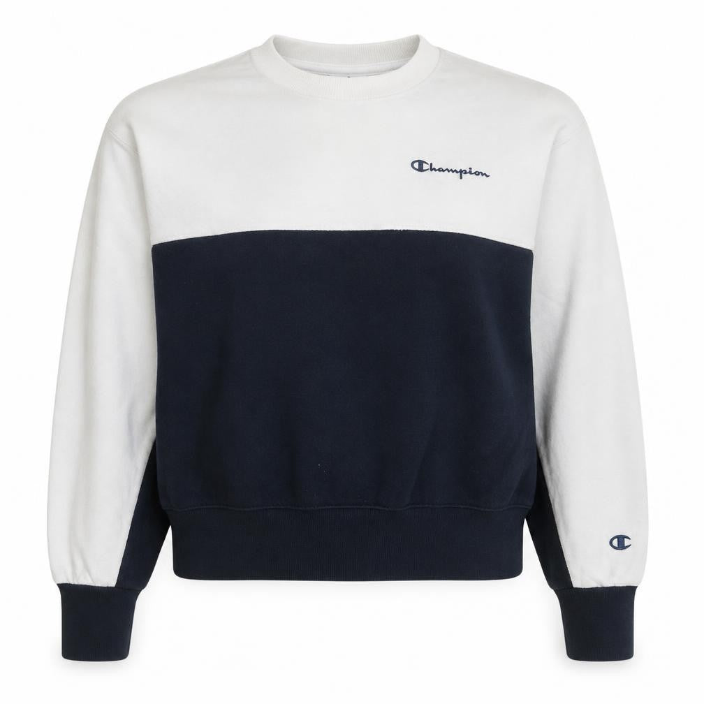 Champion Women's Beige and Navy Colourblock Crew Neck Sweatshirt Medium