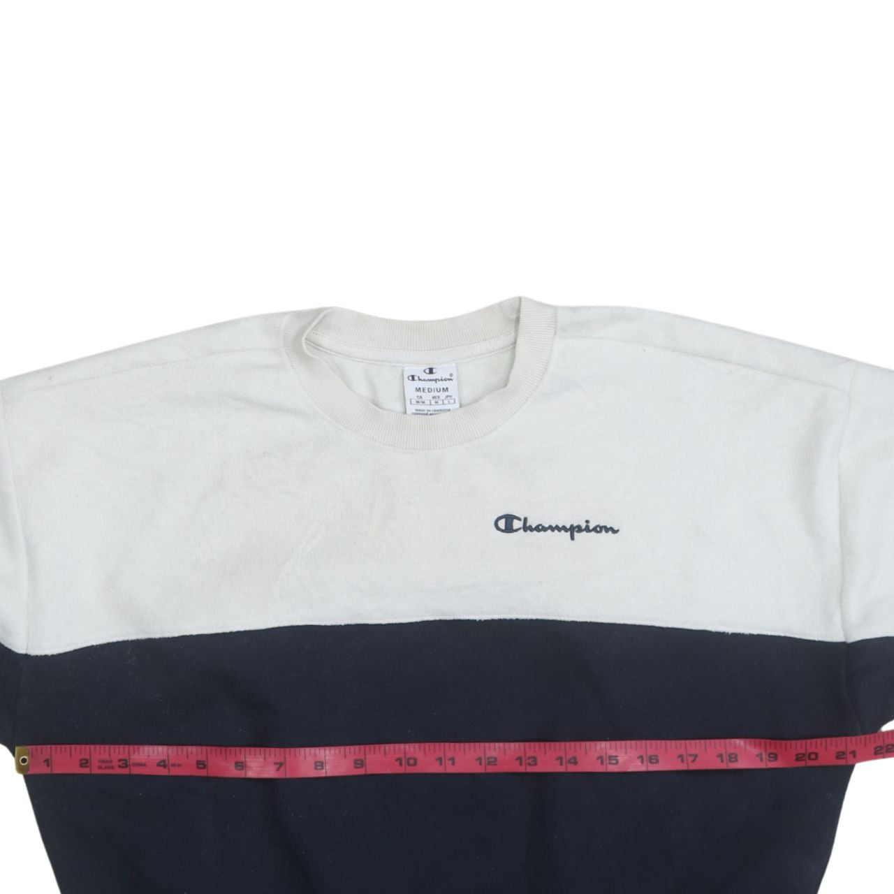 Champion Women's Beige and Navy Colourblock Crew Neck Sweatshirt Medium