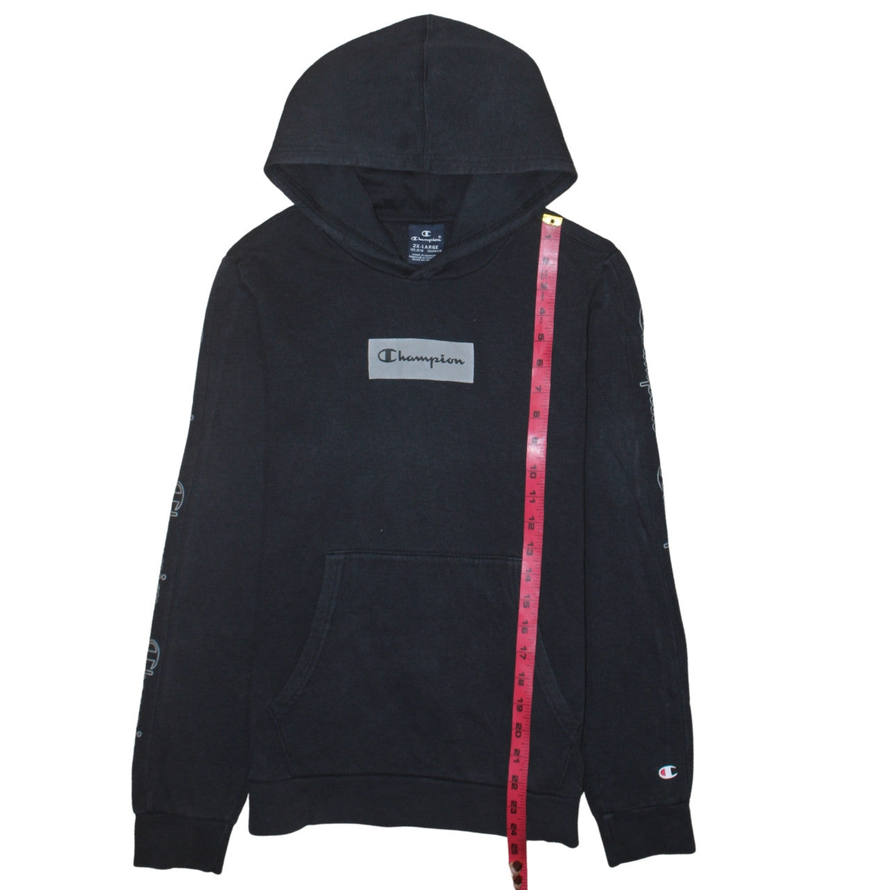 Champion Black 2XL Teens Hoodie Pullover Cotton Blend Logo Sleeve Print