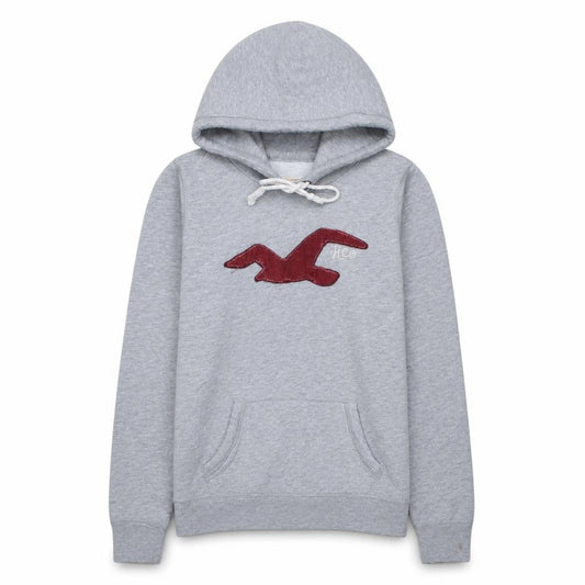 Front view of Hollister Men’s Grey Pullover Hoodie L Logo Embroidered Classic Style