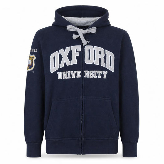 Front view of Oxford University Men's Blue Full Zip Hoodie, size S