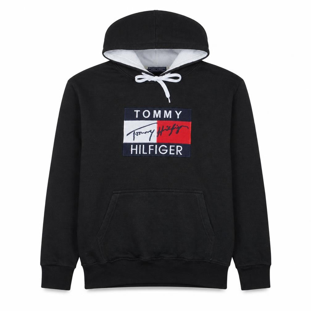 Tommy Hilfiger Men's Black Pullover Hoodie L Logo Fleece Sweatshirt