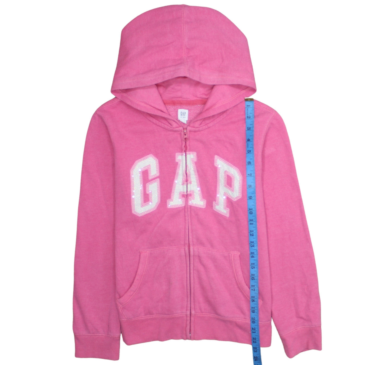 GAP Girls Pink Full Zip Hoodie Size 14-16 Years Logo Sequin Casual Sweatshirt
