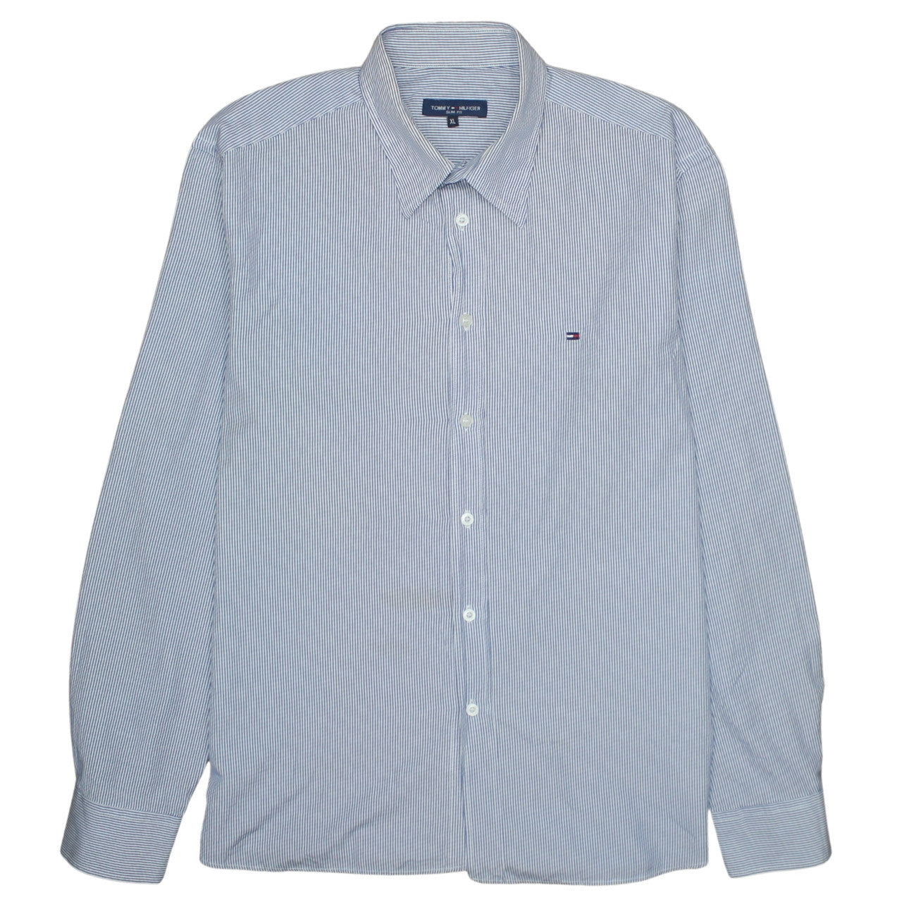 Tommy Hilfiger Men's Blue Striped Slim Fit Cotton Button-Up Shirt XL
